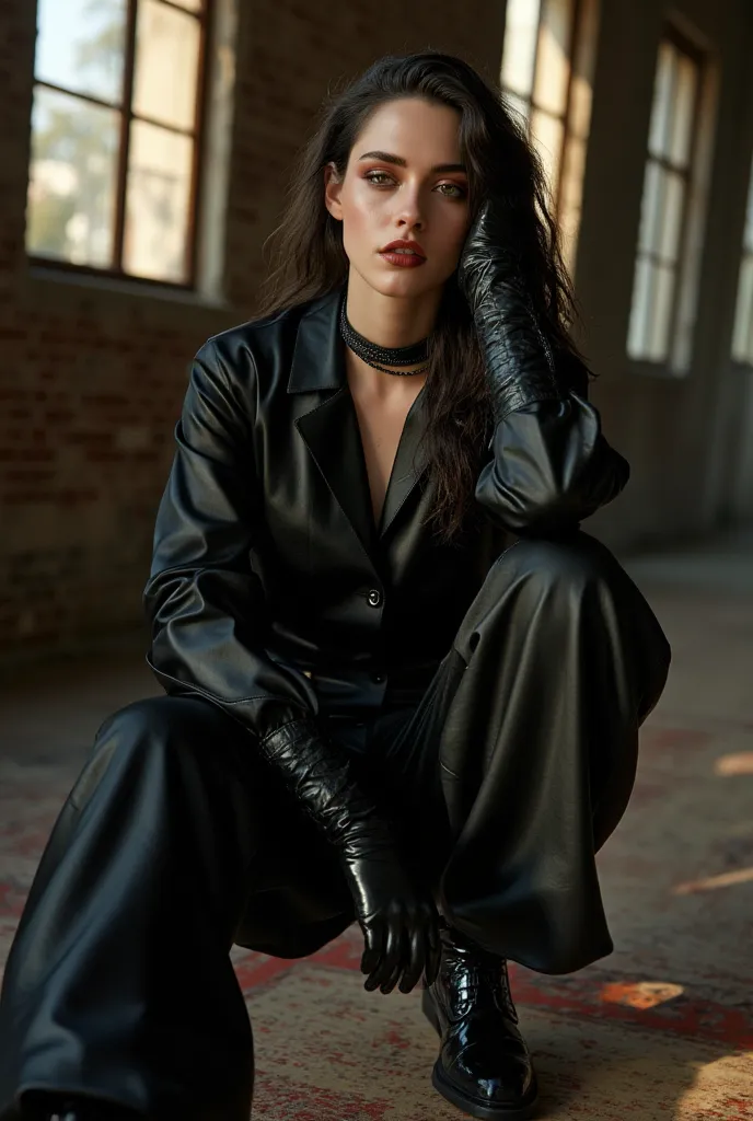  leather shirt, black leather wide pants, leather long gloves leather collar, she is wearing shiny black lip gloss, leather shoes, black eyeliner, extreme black makeup, in a dimly lit room with sunshine coming in through the window, look at viewer, high qu...