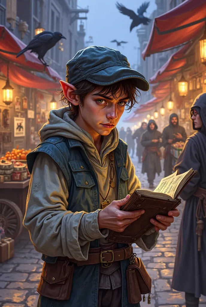 A dynamic high-fantasy illustration of Berrin, a skittish halfling merchant in a Dungeons & Dragons 5th Edition campaign. He is small-statured with a hunched posture, darting hazel eyes framed by crow's feet (shifting nervously), and a sharp nose that twit...