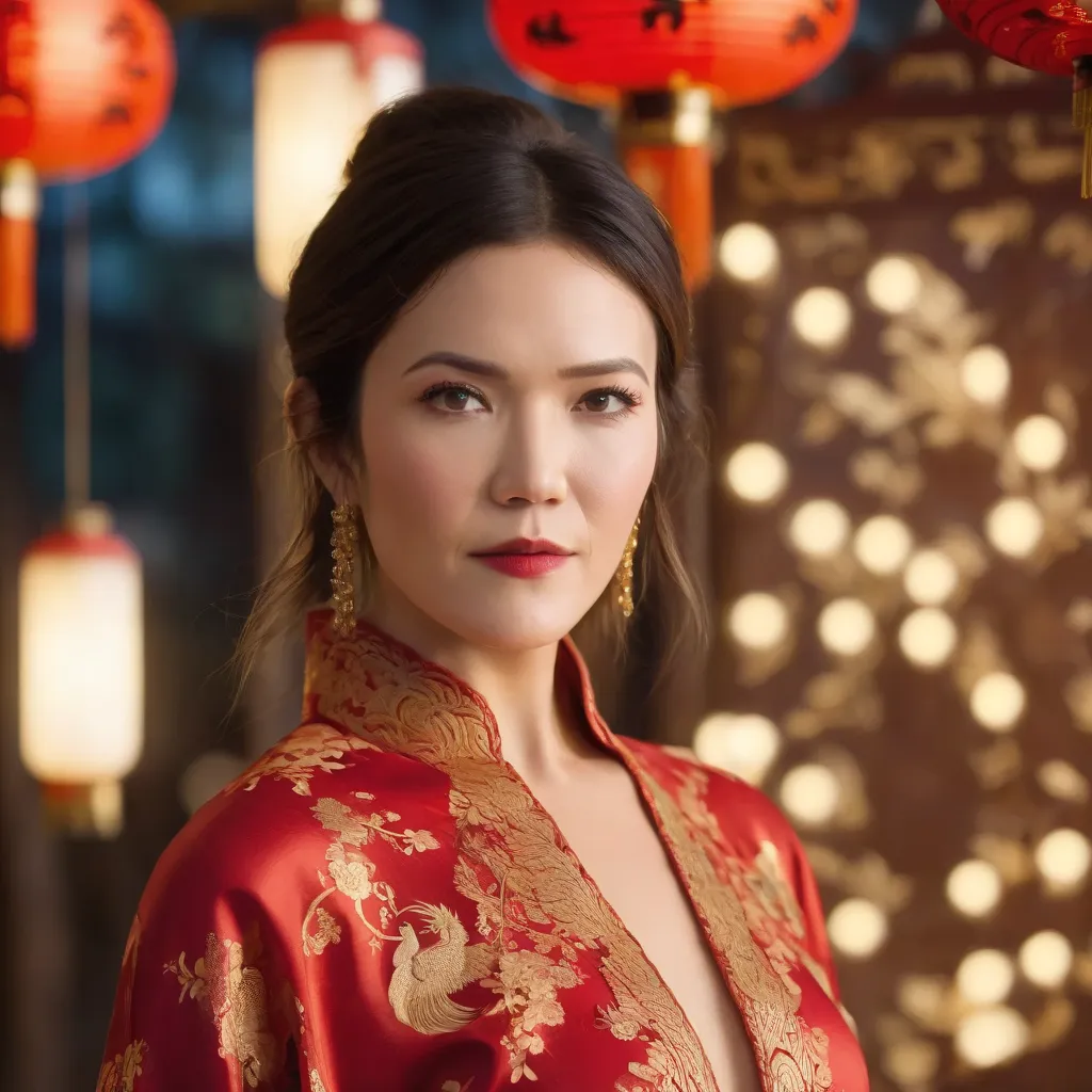 best quality, highres, 8k, masterpiece, photography, detailed midbody photorealistic portrait. Mandy Moore is seen in Chinatown, wearing an elegant red and gold qipao-inspired lace lingerie set, featuring a high-collared lace bralette with golden embroider...