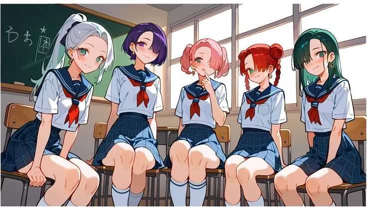 (beautiful girl : 1.3),4 girls,(sailor suit,plaid skirt,earrings,knee socks),blond with a big face, black hair, Silver Hair, red hair ,Blue Hair, green hair,Pink hair,Purple Hair,ponytail,bob cut with skindent,twin tails,long hair,bun hair,サイドponytail,brai...