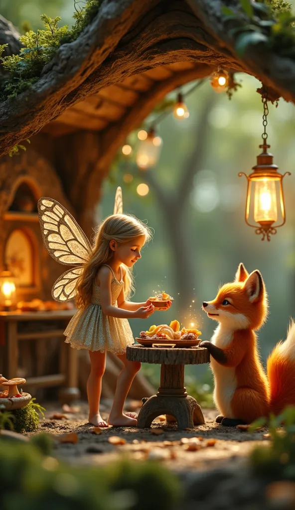 “Inside a cozy fairy house deep in an enchanted forest, a cute fairy with shimmering wings and a tiny fox are happily sharing a magical meal. The fairy, dressed in a sparkling gown, sits at a tiny wooden table adorned with glowing mushrooms and delicate fl...