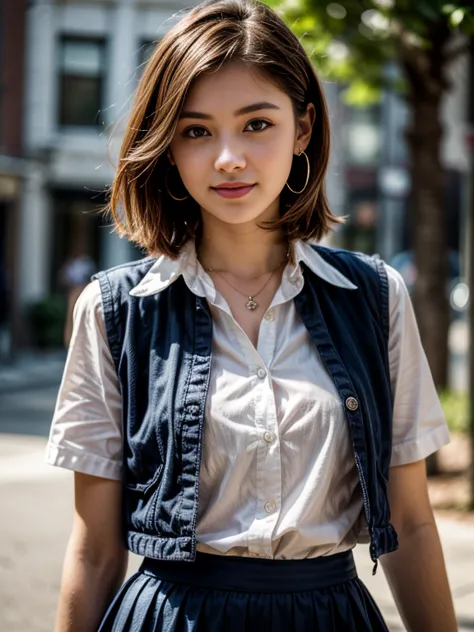 Top quality, ultra high resolution, realistic, Beautiful Woman, Beautiful detail eyes and skin, smile, Light brown short-cut hair. She is wearing (small earring, tiny necklace, school uniform:1.3, collared white shirt, red vest, royal blue frilled skirt), ...