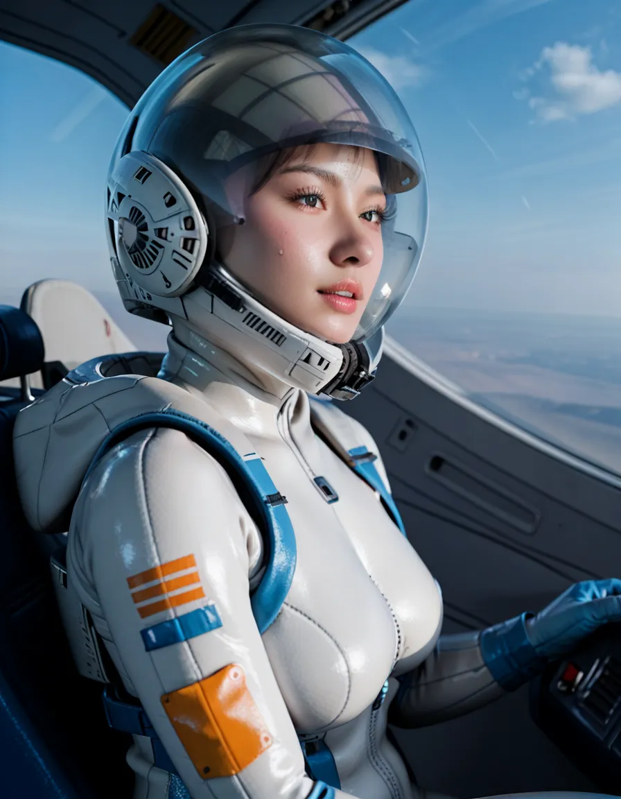 ((Female pilot in the cockpit of a reconnaissance plane), (airplane cockpit),(sky view):),, eva helm,, space helmet masturbation, sweat, blushing, , looking at the audience,, indoors,masterpiece, best quality, 1girl, solo, {{{FROM side:1.7}}}, pread legs,)...