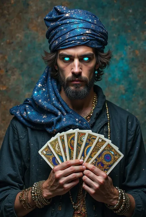 A young mystical Gypsy Man with Collection of 4 Gypsy Cards Reveals the Past and Future ,with a scale on the side of the left elbow and a gold plate on the side of the right elbow,with eyes glowing neon blue, And a cloth with a galaxy design tied around th...