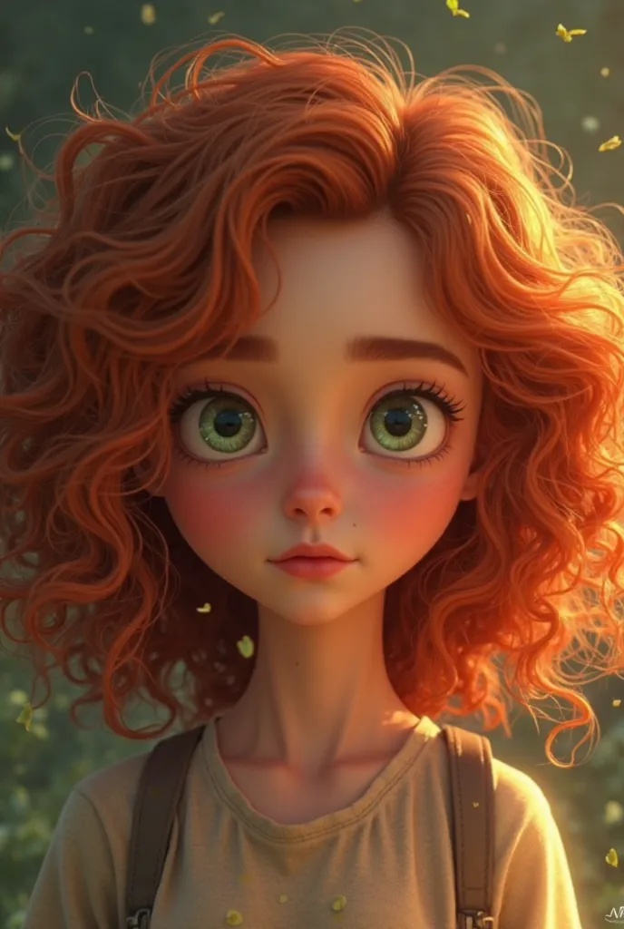 An animated image of a 17-year-old girl with very curly reddish brown hair with jade-colored eyes. specifically curly hair, but with a penetrating look and not so smiling 