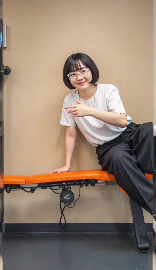  sideways（Look left）And the whole body（ from head to foot）Capturing 、sit on the right side of the orange bench at the gym、To Shizuka-kun「orange bench」Make fun of姿勢を明確に描写。reflect a height of 155 cm in consideration of perspective、sit on the bench。 28 year o...