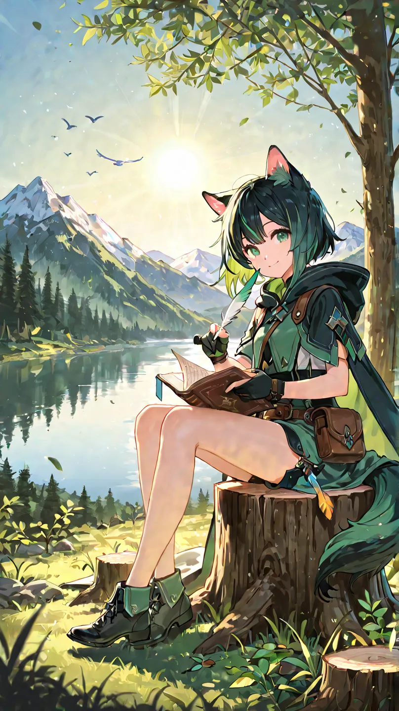 masterpiece, best quality,, 1girl, sitting, animal, animal ears, bird, black_hair, book, bookmark, branch, gloves, grass, green hair, holding, holding book, hood, hood down, leaf, looking at viewer, multicolored hair, open_book, partially fingerless gloves...