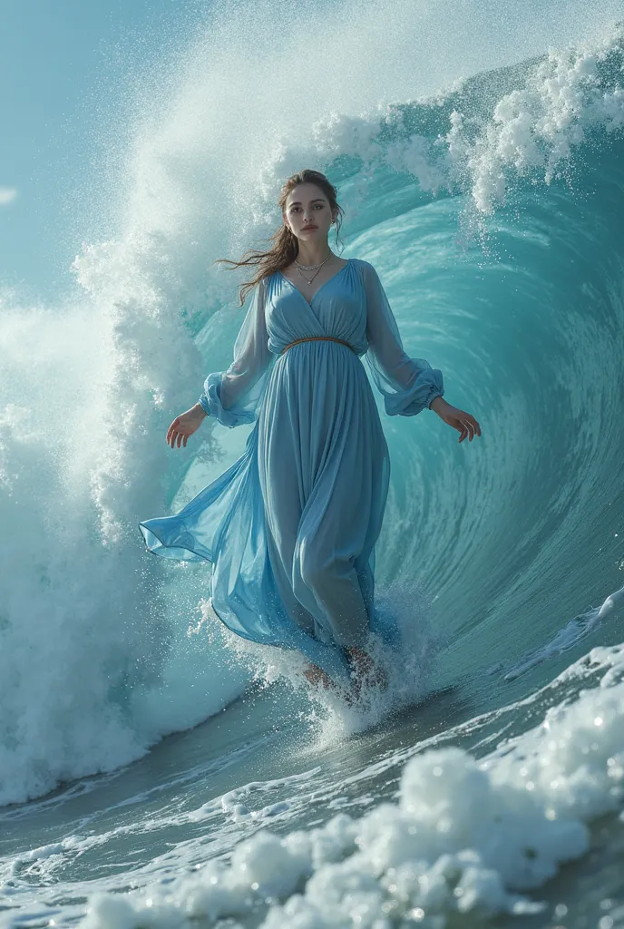 A 30-year-old woman wearing a light blue Muslim dress flies over the sea water facing directly at the camera a huge wave of undulating water splashing water hitting the woman's leg