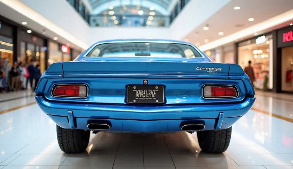 A Photo Of The back View Of A blue 1975  Dodge Challenger With A Sleek Full Modified Modern Design.The Display Logo Of Dodge Challenger  The Car Is Parked On A White Surface.The Background Is A Shopping Mall With White Lights.The Photo Reveals The Luxuriou...