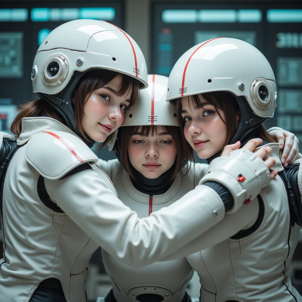 high resolution, masterpiece, photo realistic,  surrealism ,fully armed girls wearing helmet are sharing the joy of victory together in an occupied futuristic control room. The girls are short cut hair, exhausted but hopefully expression and wearing a worn...