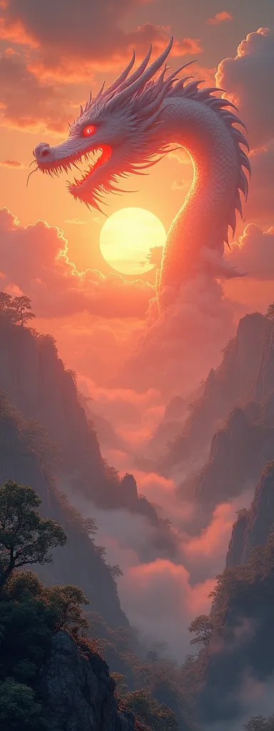 overlooking a broad valley, sun is a dragon's eye, cloud formations are an Eastern dragon's head, clouds forming the dragon, Chinese dragon made of clouds, the setting sun is the dragon's eye, sun replacing dragon's eye, clouds forming around the sun