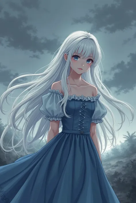 With anime cartoon style, it creates a desolate and sad atmosphere,  with a gray and cloudy sky , dull. in the center, the young woman with long white hair,  on his back. A beautiful young woman, Delicate Her deep blue princess dress