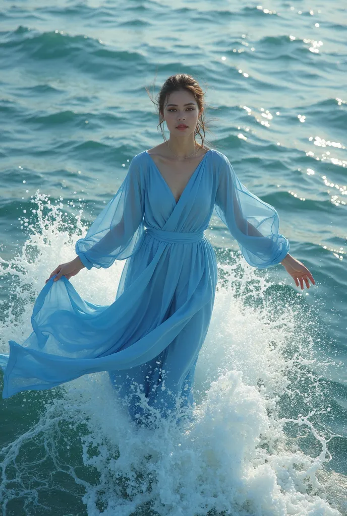 A 30-year-old woman wearing a light blue Muslim dress flies over the seawater facing directly into the camera as the rippling waves splash water hitting the woman's leg