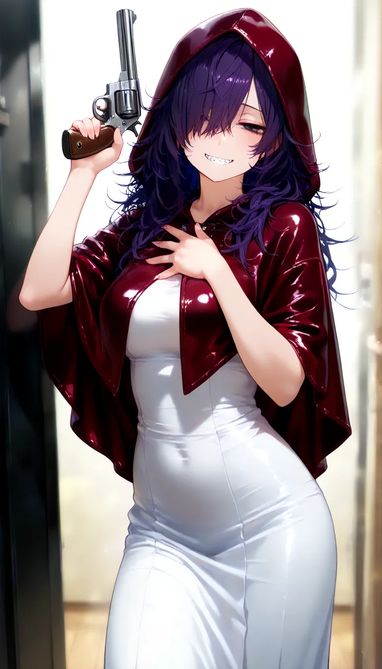 (masterpiece, best quality, amazing quality, very aesthetic, absurdres, newest:1), masterpiece,best quality,amazing quality, 1girl,solo,solo girl,long hair,dark purple hair, ((messy hair)), hair over one eye,bags under eyes , jitome ,half closed eyes,grin ...