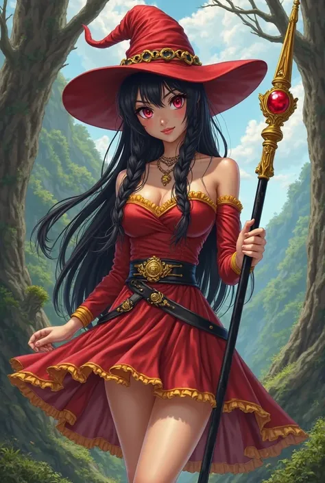 Create Yu-Gi-Oh style a beautiful young woman with long straight medium black hair with two braids in the front with red eyes with medium breasts with medium hips with shapely legs wearing a very short red magic dress with yellow details wearing a red wiza...