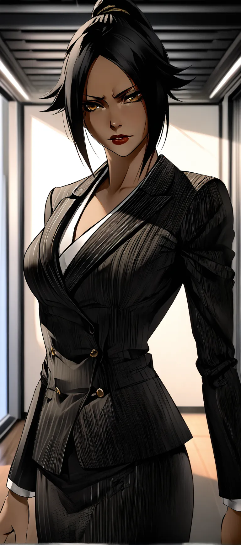 Thin Black business woman wearing a black pinstripe suit and pinstriped skirt on , golden buttons