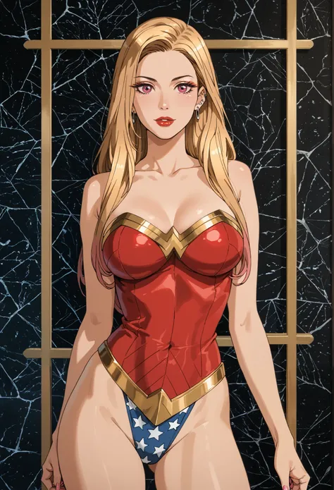 (score_9, score_8_up), score_7_up, photo, front view, , smilling, KitagawaMarin, solo, multicolored hair, blonde hair, long hair, magenta eyes, ear piercing, earrings, pink nails, makeup, KitagawaMarin with Wonder Woman costume)). 1girl, lipstick, makeup, ...