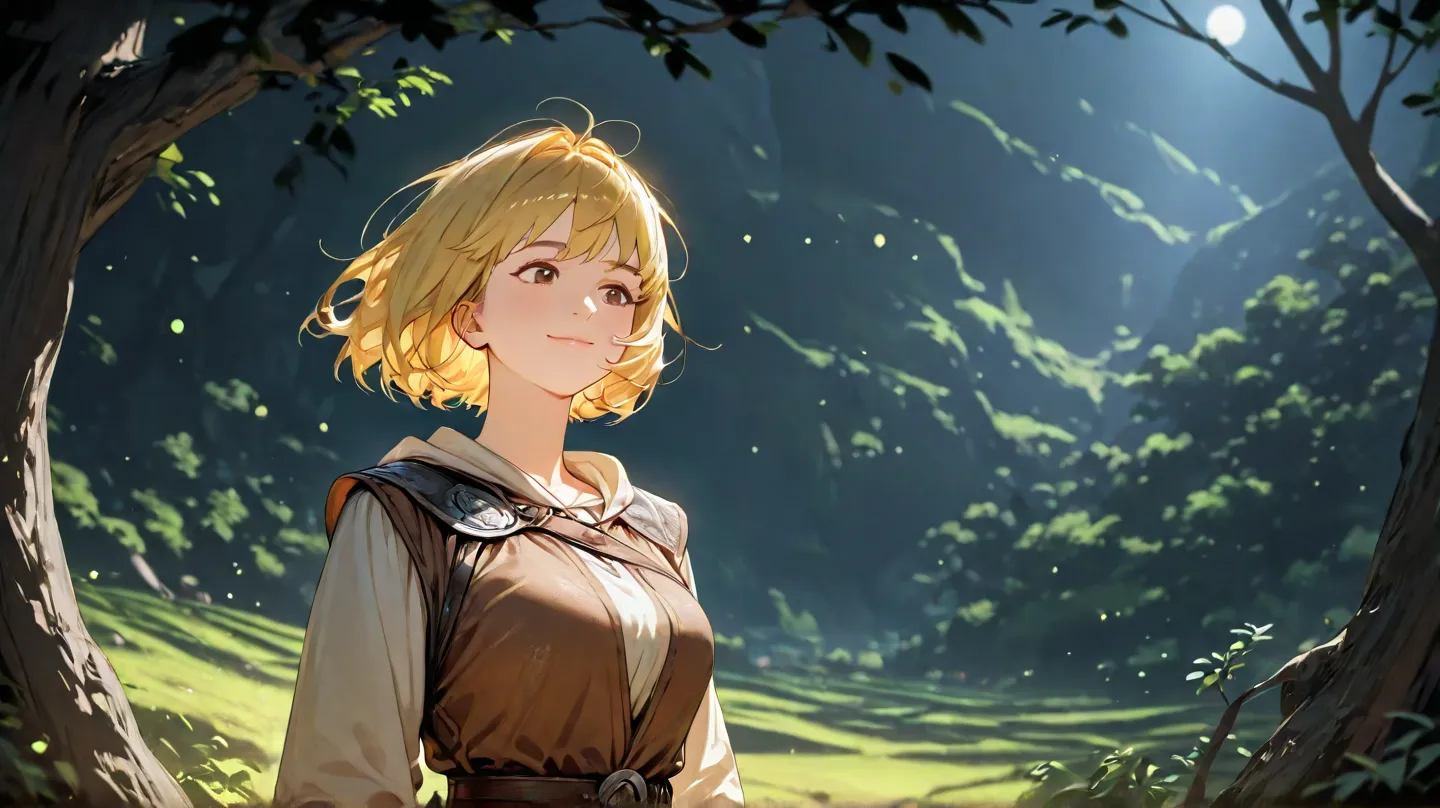  huge _very high resolution, high resolution, 걸작, recent, 1 female, short hair, yellow hair, light smile, medieval adventurer outfit,  soft_light,  blurry , Magnificent Woodland Landscape, Panoramic View, high resolution background, background center,  dar...