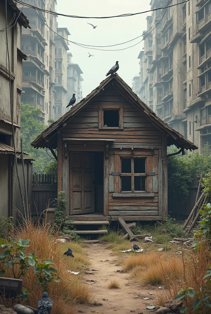 



A small, single-story Assam-type house stands between tall, newly constructed concrete buildings with exposed iron rods. The old wooden frontage of the house is dilapidated and partially eaten by termites. The yard in front is unkempt, with tall grass ...