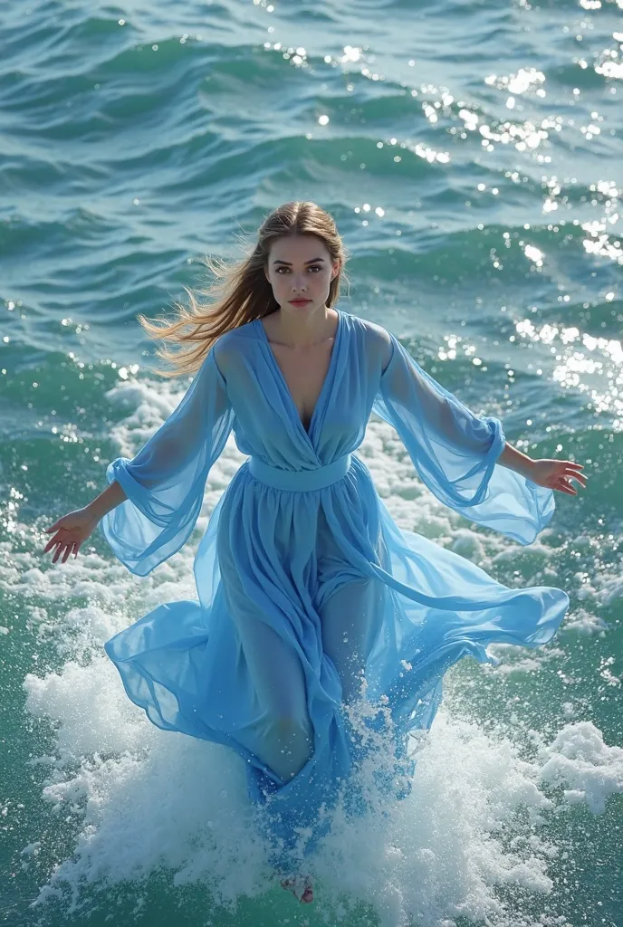 A 30-year-old woman wearing a light blue Muslim dress flies over the seawater facing directly into the camera as the rippling waves splash water hitting the woman's leg