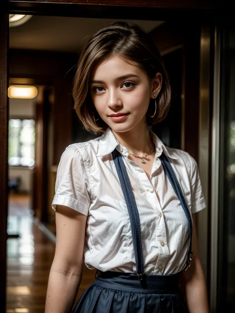 Top quality, ultra high resolution, realistic, Beautiful Woman, Beautiful detail eyes and skin, smile, Light brown short-cut hair. She is wearing (small earring, tiny necklace, school uniform:1.3, collared white shirt, red vest, royal blue frilled skirt), ...