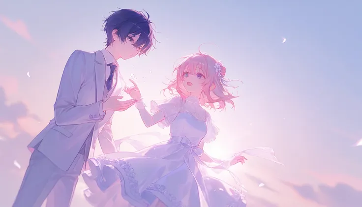 Male and female couple, pretty girl,  dress, White day, sunshine,  Clear Skies ,  Petals Dance 