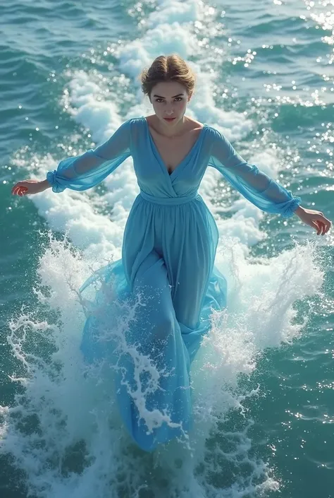 A 30-year-old woman wearing a light blue Muslim dress flies over the seawater facing directly into the camera as the rippling waves splash water hitting the woman's leg