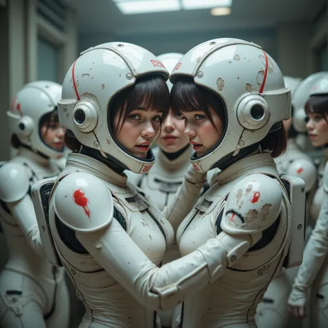 high resolution, masterpiece, photo realistic,  surrealism ,fully armed girls wearing helmet are sharing the joy of victory together in an occupied demolished control room. The girls are short cut hair, exhausted but hopefully expression and wearing a worn...