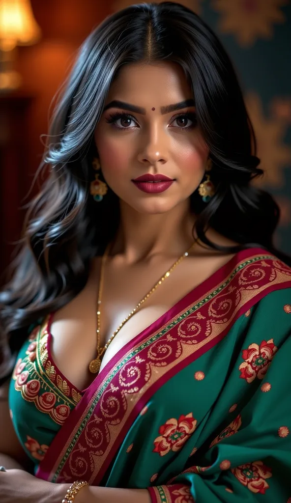 a captivating image ,masterpiece best quality ultra-detailed best amazing realistic picture, Canon 5d mark 4, lighting handsome man in shirt romantic a BOOB OF  chick of pakistan woman , black hair, big boobs,  saree, bikini blouse  realistic looks, thick ...