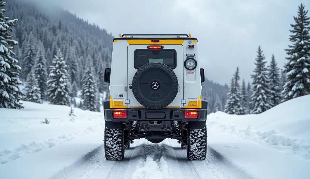 "A rugged, expedition-style Mercedes-Benz off-road camper truck in a snowy mountain landscape, viewed from the rear. The vehicle has large off-road tires with snow chains, LED lights, and a reinforced bumper. The camper module is white with yellow accents,...