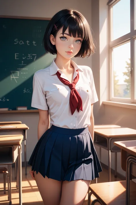  skinny girl ,  grey eyes, black hair, short hair, wide hips, very small breasts,  schoolgirl costume