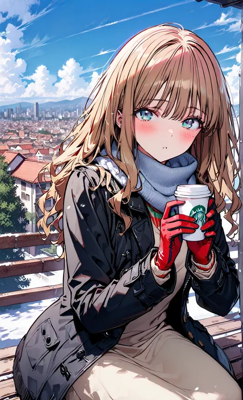  Minami Yume, long hair, brown hair, green eye, bangs,Medium breast,blush,opening from the front,white breath, duffle coat, half up do,(sweater  :1.2),( turtleneck:1.2),blue scarf , white long skirt, Bbo~,red gloves ,sitting on a bench,I'm holding a coffee...