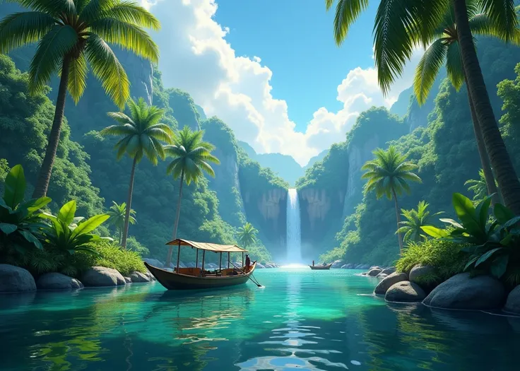   a scene like right after tall palm trees grow on both sides、A small waterfall can be seen in the back of the river、of a small fishing boat {x}、creates an image of a large river that continues、a scene that looks like they are connected in a dense rainfore...