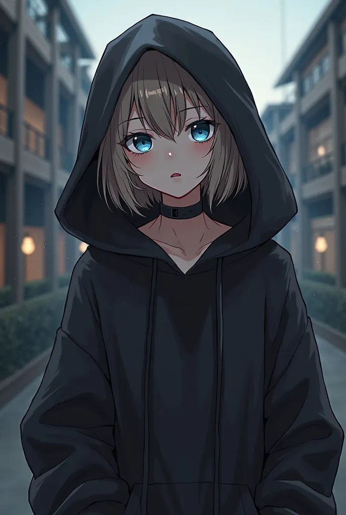 Anime Woman with light brown, short messy hair in a black hoodie, with the hood down- have the hoodie be big, Blue eyes, choker, and emo like aesthetic, in a collage like settling