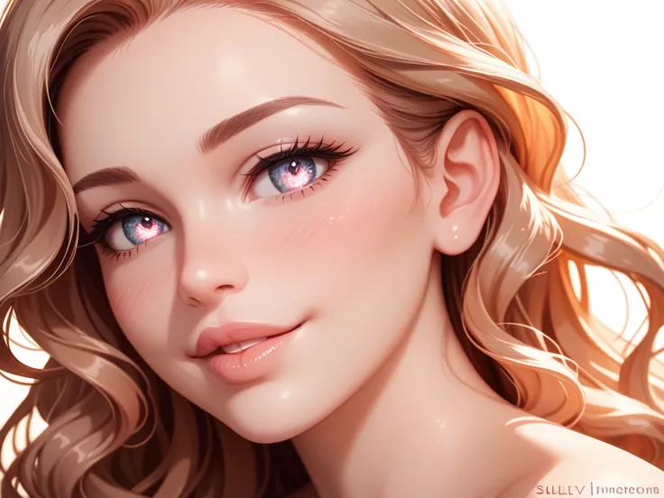 Ultra-realistic anime-style illustration, hyper-detailed, a single beautiful young woman with large breasts, inspired by Fuka Koshiba, soft wavy hair, deep alluring eyes, seductive smile, smooth and flawless skin, subtle blush, glossy lips, warm glowing li...