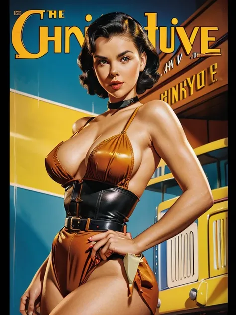 Vintage pulp magazine cover featuring a {prompt}. 1950s style. Attractive woman Charlize Teron with style pinup in a seductive pose. Vibrant, contrasting colors. Dramatic lighting. Dynamic background. Large pulp-style title font. Old paper texture. High-re...