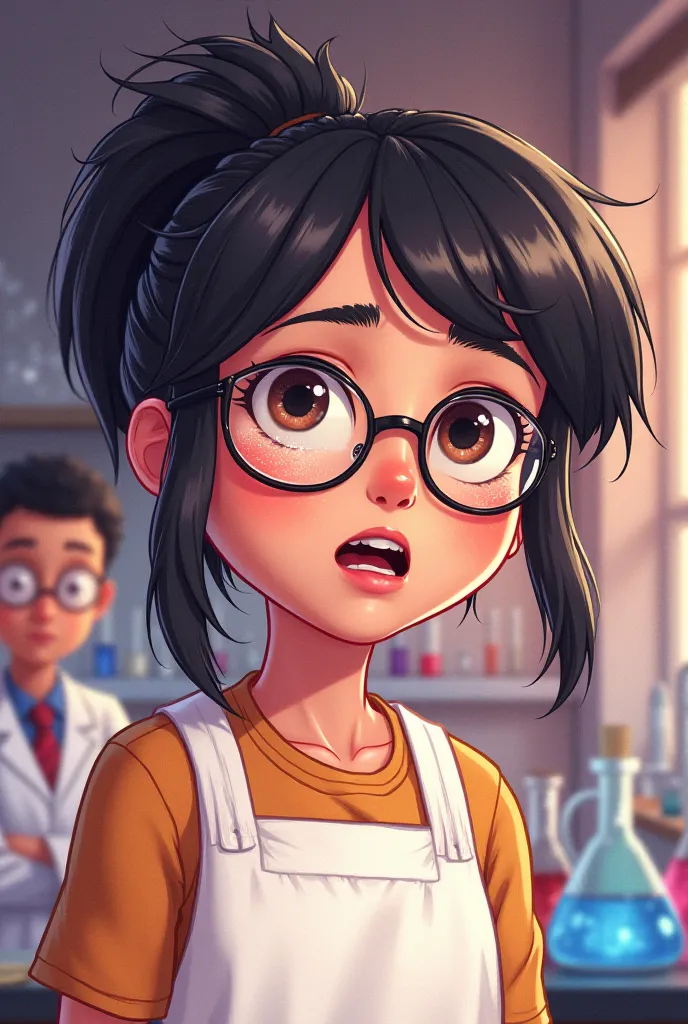 ### **Image Prompt: Sarah Swallowed Tiny Leon**  

**Description:**  
A close-up of **Sarah**, a age girl with **black hair in a ponytail, glasses, and brown eyes**, wearing her **white lab apron**. Her **cheeks are slightly puffed**, her **lips are sealed...