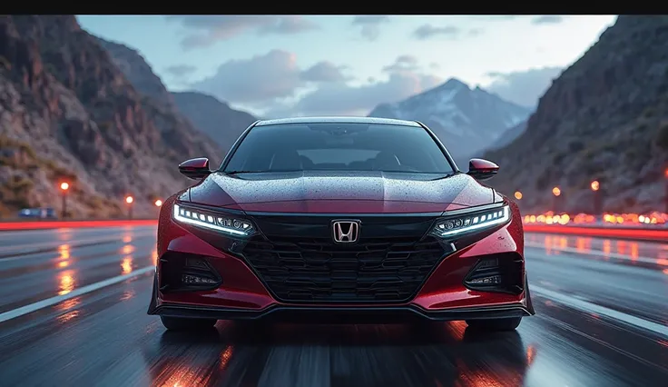 Create a cinematic, ultra-realistic showcase of [2025 HONDA ACCORD]. Capture the sleek aerodynamic curves, aggressive front grille, and luxurious interiors with dynamic lighting and reflections. The car should be seen cruising through breathtaking landscap...