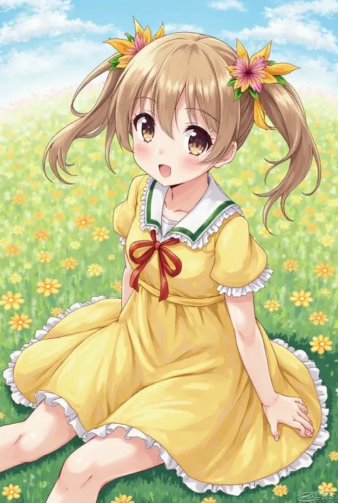 ultra detailed, sharp focus, best quality, masterpiece, colorful,  tadokoro megumi, yellow dress twintails, sitting on the ground, 1 girl, flower field, flowers in hair best quality, masterpiece, intricate details drawing of a preety real girl 