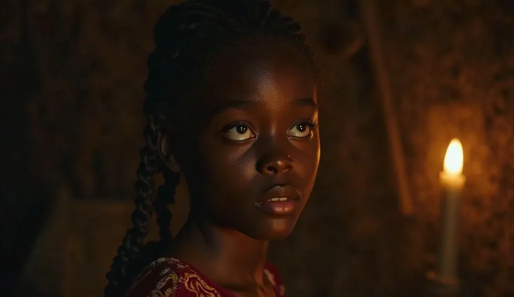 In the night Inside a dimly lit African hut.  Amanda,, an adolescent black girl, has high cheekbones, small nose, full lips, and a bright piercing blue eyes, face filled with fear and terror as she replies her father.

Camera Angle: A cinematic Shoulder le...