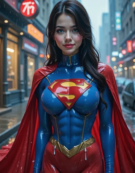 (FULL VIEW STANDING IN THE HEAVY RAIN) **"A stunning, highly detailed, and ultra-realistic portrait of a INNOCENT BLUE EYED 19-year-old Thai GIRL, proudly wearing the iconic RETRO 1980 SUPERMAN costume with a glossy latex/vinyl finish. The vibrant royal bl...