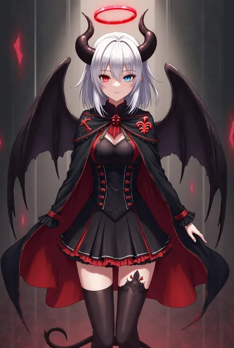 An anime Female with shoulder length white hair, Left Eye Blue and Right Eye Red, with C cup sized boobs, and a Black and Red Cloak and a black and red skirt slightly above the knees, black thigh high socks, black and red boots, with a Red Lily flower embl...