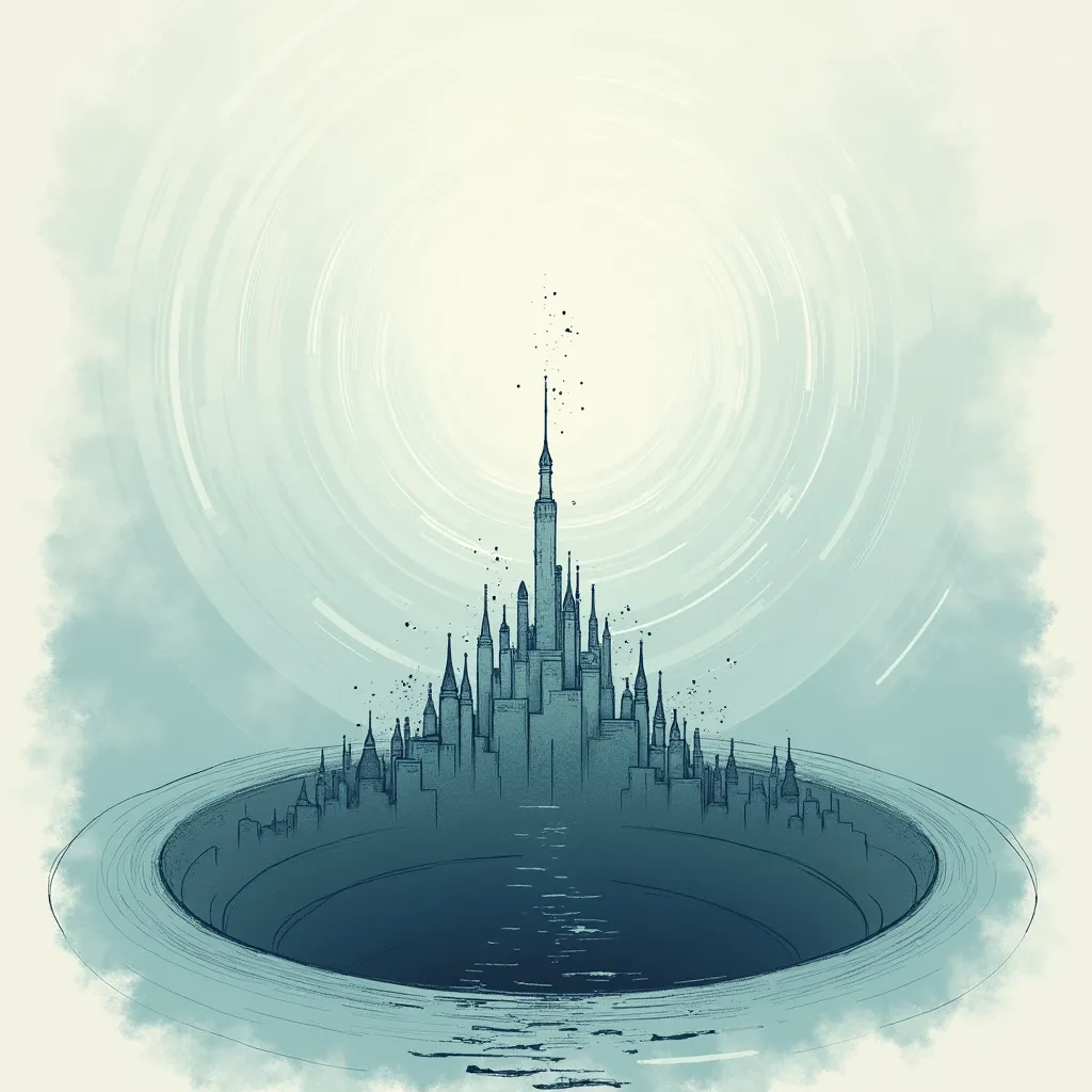 Visual image: City outline (Kitezh or Atlantis) at the bottom of the illustration, gradually disappearing in a stylized vortex, going up. The city outline lines should be thin and minimalistic.
The color scheme: Gradient from light to dark, symbolizing the...