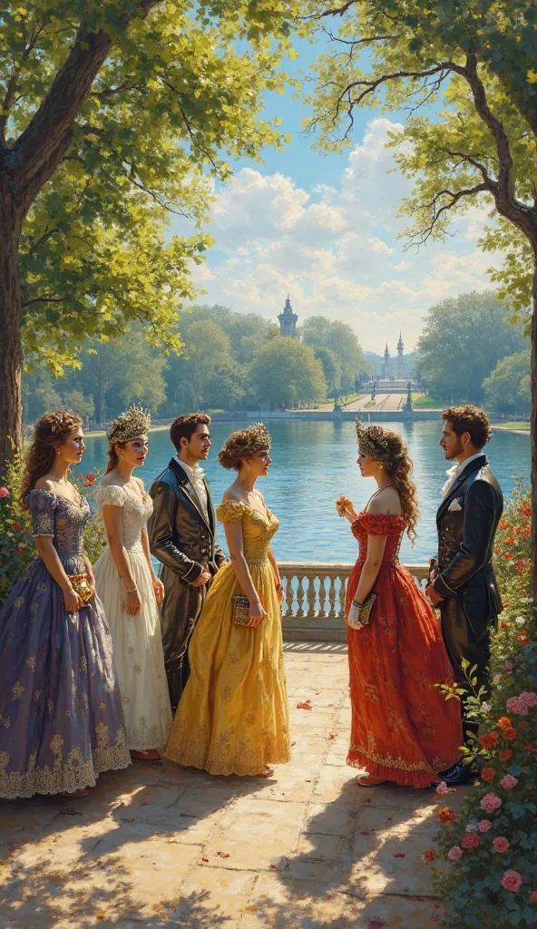 Impresionistic painting of 1700s elegant company under masks in 18the 18th century park by the lake, sunny joyful day