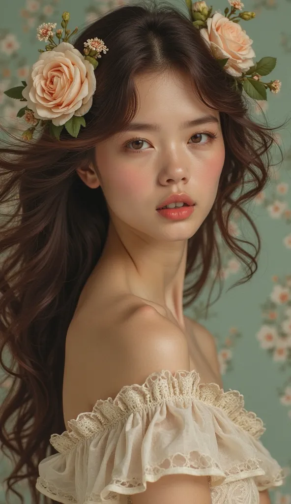 Female beautiful face, flowing hair, porcelain skin, Art Nouveau flowers, charming and elegant::3 looks like a model from French fashion, simple composition, perfect, beautiful and elegant::3, simple composition, fashion, messy flowing hair, 33 -- 3 beauti...