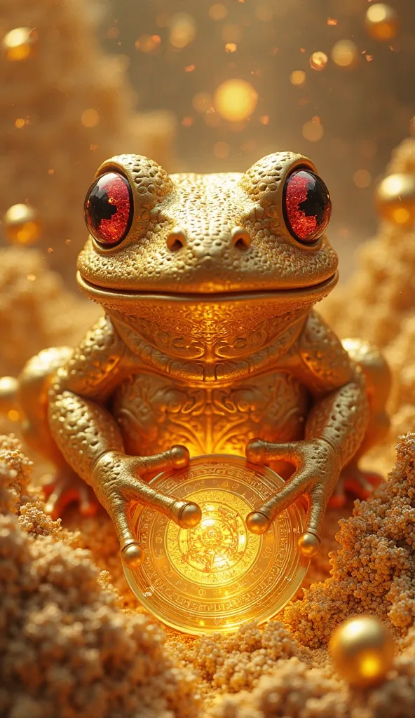 A three-legged golden toad with glowing ruby eyes sitting atop fractal gold ingot mountains, celestial yuanbao coins falling in slow-motion from auric clouds, each coin engraved with quantum-entangled wealth sigils, swirling golden vortex between its paws ...