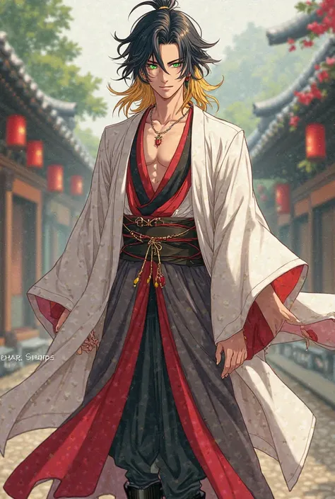 a tall young male anime art style. Medium length black golden blonde hair, dark green eyes, wears a white and red kimono, and black boots.