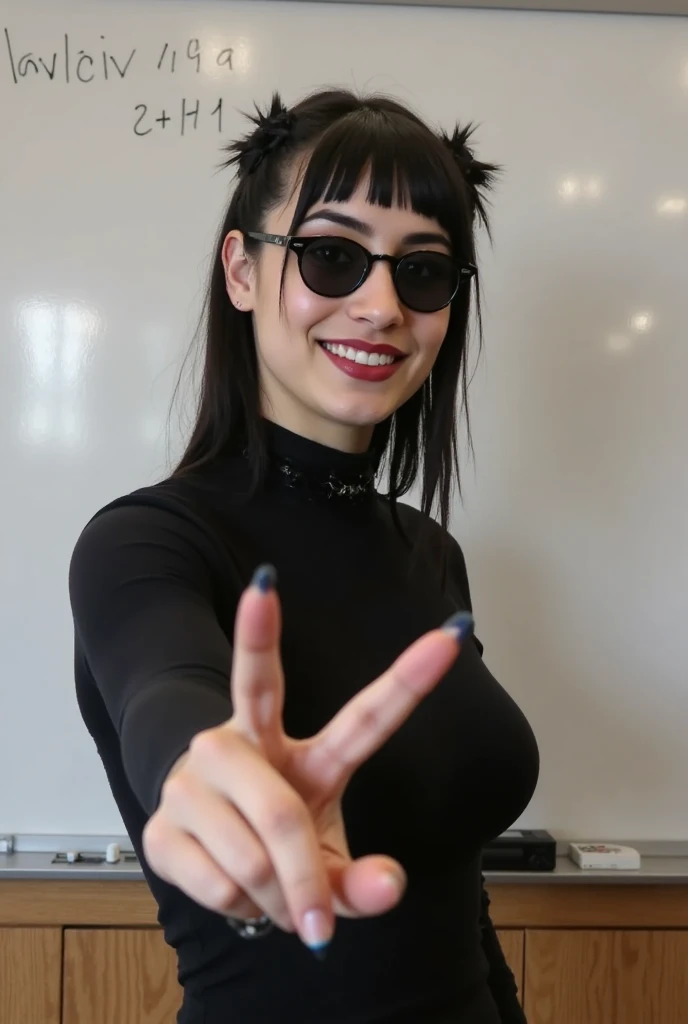 Girl, dark hair, standing before a whiteboard in a class written on board in English: 'I'm a LoRa now', v-sign - one hand, happy, winking:1.2, dark eyeliner, bangs, wearin sunglasses, Photograph captured using a Canon 6D Mark II with an 85mm lens at f/ 4 a...