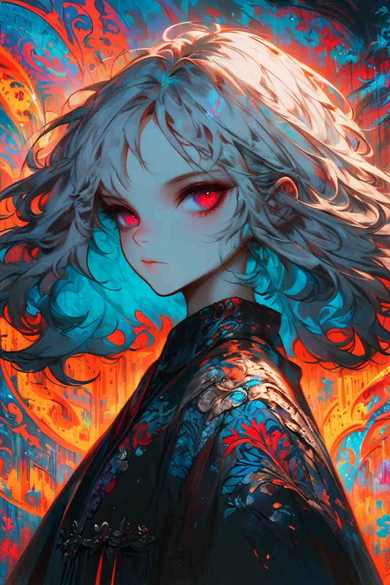 Gray Hair、Pale red eyes、beautiful eyes、chest、1 girl、The background is graffiti art、colorful、The illustration is completely foggy、 Sparkling、medium hair, 