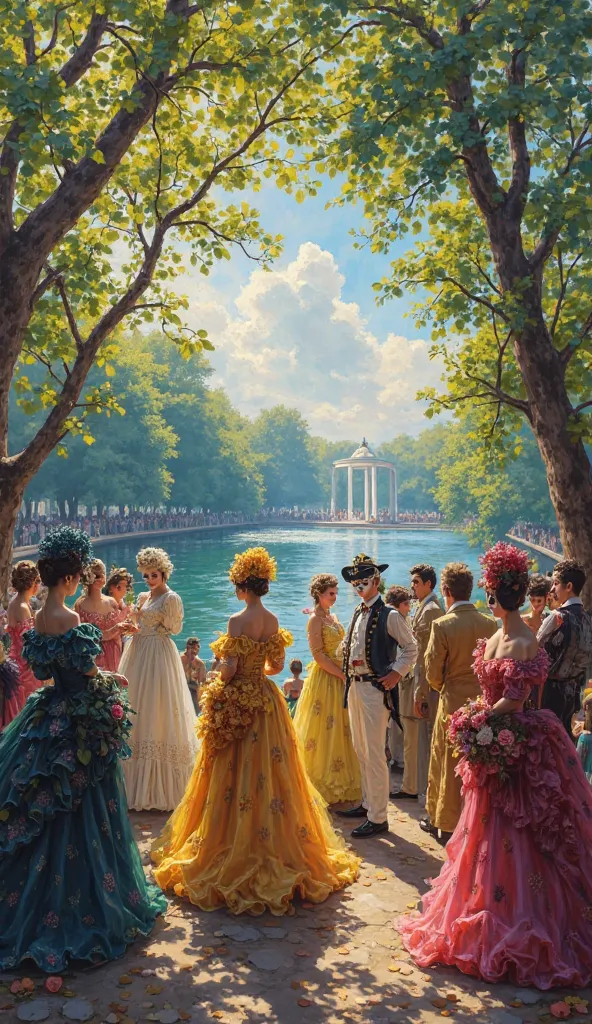 Impresionistic painting of 1700s rococo elegant company under masks in 18the 18th century park by the lake, sunny joyful day
